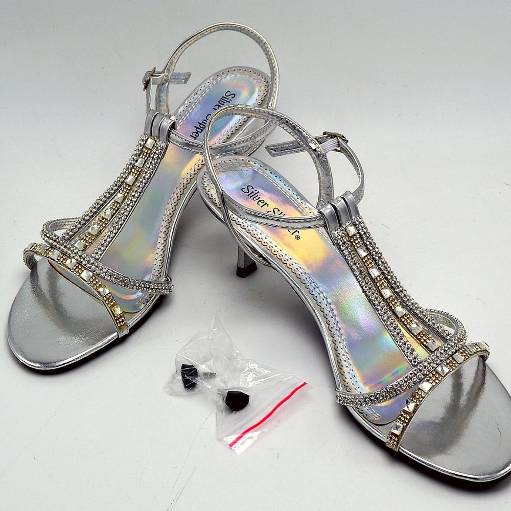 Silver Slipper Flash Rhinestone Low Rise Heels